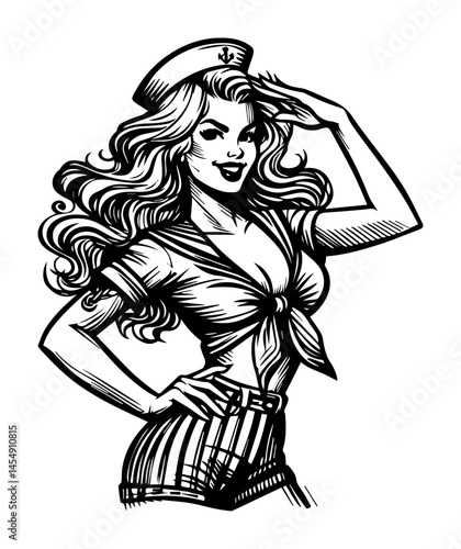 black and white vector of smiling pin-up sailor girl in retro naval uniform with salute pose