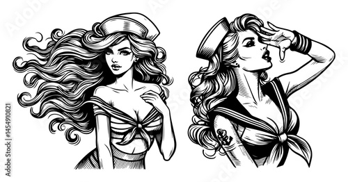 Wind‑Swept Sailor Pin‑Up Saluting – Classic Navy Girl Vector