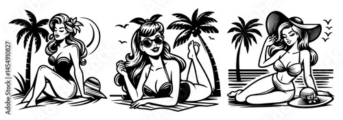 Tropical Trio – Vintage Beach Pin-Up Girls Relaxing under Palms and Sun, Playful Black-White Vector Set