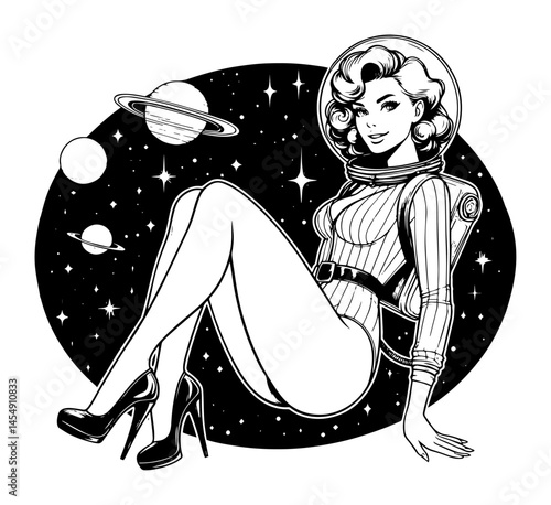 Space Glam Pin-Up – Astronaut Girl in Stiletto Heels Posing before Planetary Background, Bold Vintage Vector