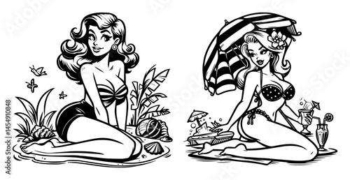 Beach Babes Pin-Up Duo – Retro Swimsuit Girls with Seashells, Parasol and Cocktail, Playful Black-Line Vector