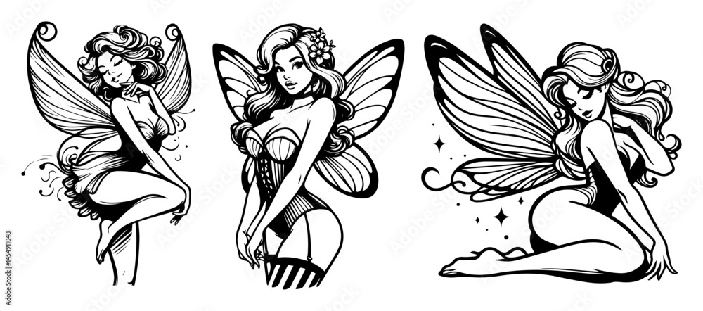 Naklejka premium vector pin-up fairies in retro fantasy style