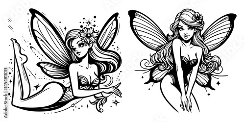 two fantasy pin-up fairies with wings drawn in detailed black and white tattoo style
