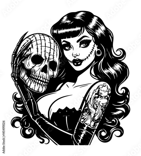 gothic pin-up girl holding skull with stitched smile and tattoo sleeve, black and white vector