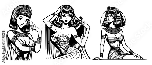 black and white vector of egyptian queens in retro style, inspired by cleopatra and ancient egypt