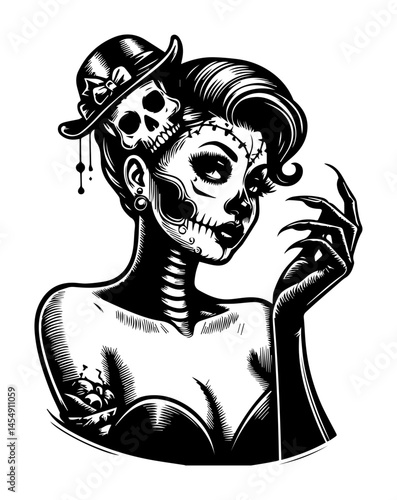 black and white vector of stylized woman with sugar skull makeup in day of the dead theme