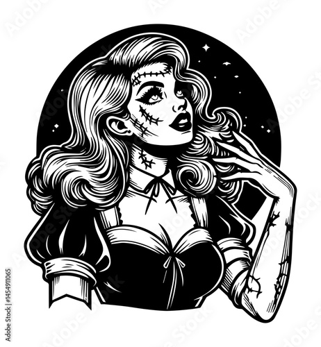 horror pin-up with stitched face, black and white