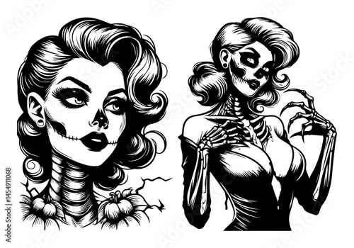 pinup skeleton woman with vintage hairstyle in two poses, spooky horror vector in black and white