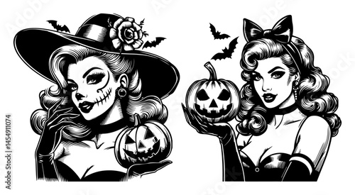 Stylish Witch Pin-Up with Rose Hat and Pumpkin, Bats Circling – Elegant Halloween Vector Illustration