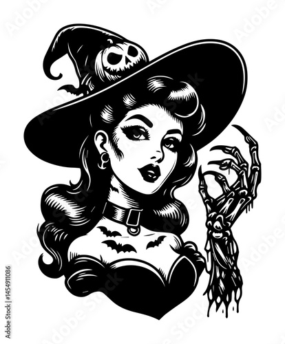 pinup halloween witch with zombie hand and spooky hat, black and white horror vector illustration