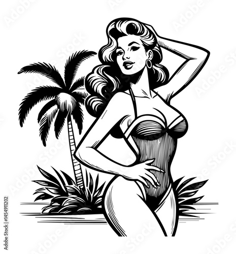 glamorous pin-up girl posing in bikini near palm tree, black and white vector