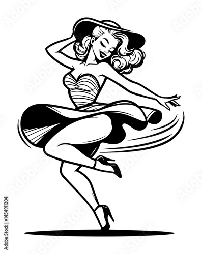 pin-up style woman dancing with twirling dress and heels, retro comic vector