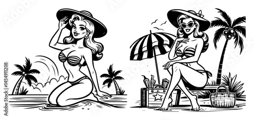 set of pin-up girls in bikinis and sunhats enjoying summer at the beach, comic style