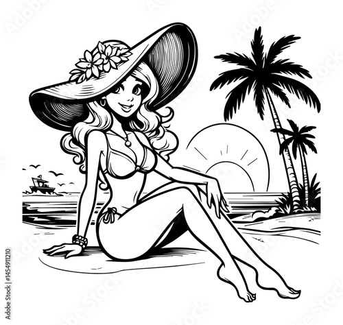 smiling beach pinup girl in bikini and hat sitting near palm trees, black and white summer vector