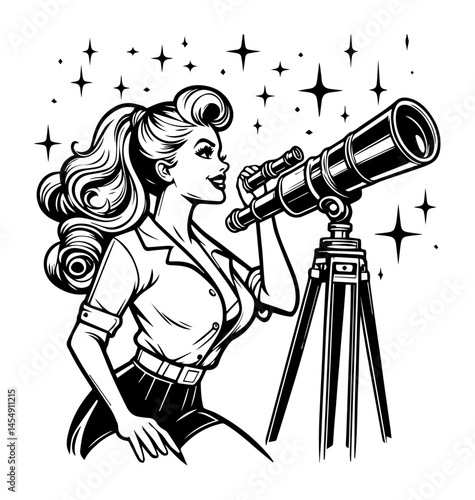 pin-up girl looking through telescope with stars around – vintage science vector