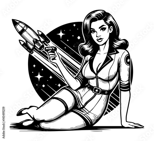 Retro Space Pin-Up – Seated Rocket Girl in Jet-Age Flight Suit, Bold Black-Line Vector Illustration