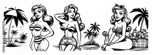 retro pin-up girls in swimsuits on tropical beach, black and white vector with vintage summer vibe
