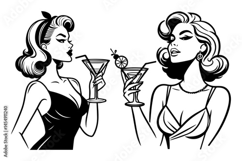 glamorous retro women holding cocktails, pin-up style black and white vector with vintage elegance