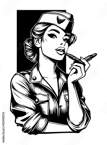 pin-up woman in military uniform applying lipstick, retro vector in black and white