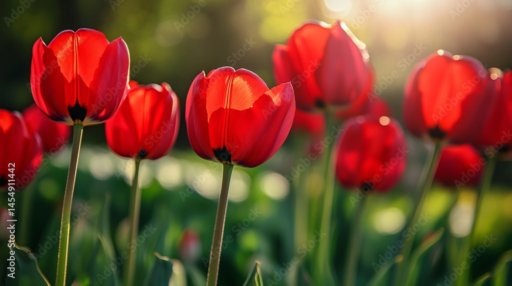 Fototapeta premium Vivid Red Tulips in Sunlit Field: Bright Floral Beauty Captured Professionally