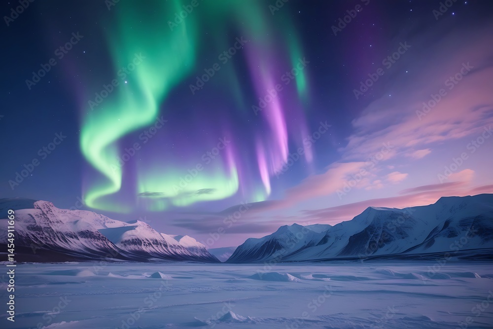 Naklejka premium Majestic Aurora Borealis Display Over a Snowy Arctic Landscape