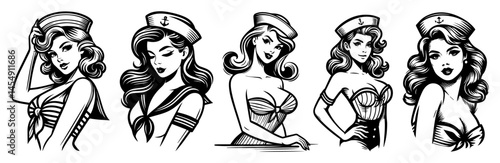 retro pin-up vector set of five stylish sailor girls in black and white with classic vintage look