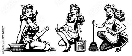 retro pin-up housewives in black and white vector style, cleaning and cooking poses