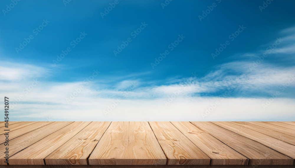 empty wooden table top with blue sky background for product display presentation empty wooden table top with blue sky background for product display presentation