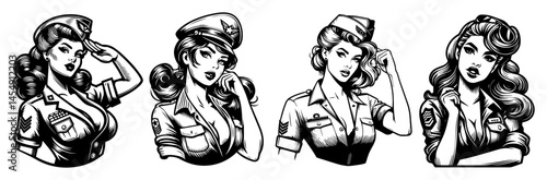 Black and white vector of retro girls in uniform hats, posing and saluting