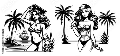 two pin-up girls on tropical island, one dressed as pirate, vintage black and white style