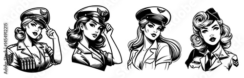 pin-up girls in vintage military and pilot outfits, black and white vector drawing