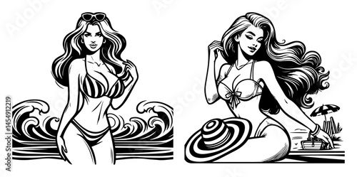 pin-up girls on beach with waves vector