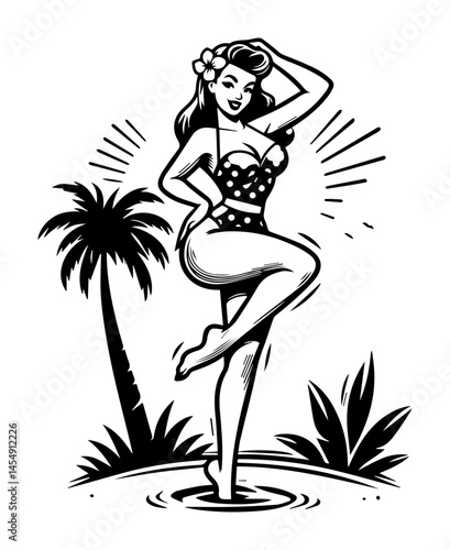 pin-up girl in swimsuit standing in water with tropical background, black and white vector