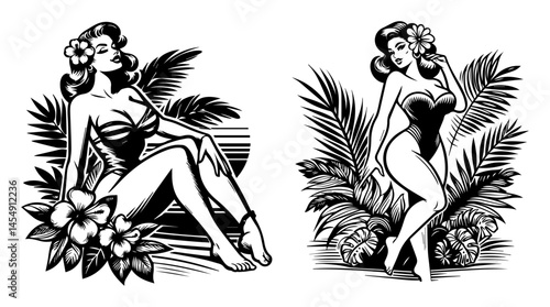 Two pin-up girls sitting among flowers and palm leaves. Retro black and white style