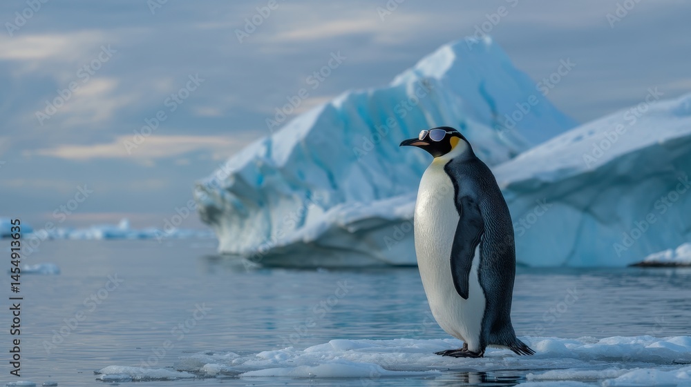 Fototapeta premium King penguin in sunglasses standing on icy patch near iceberg
