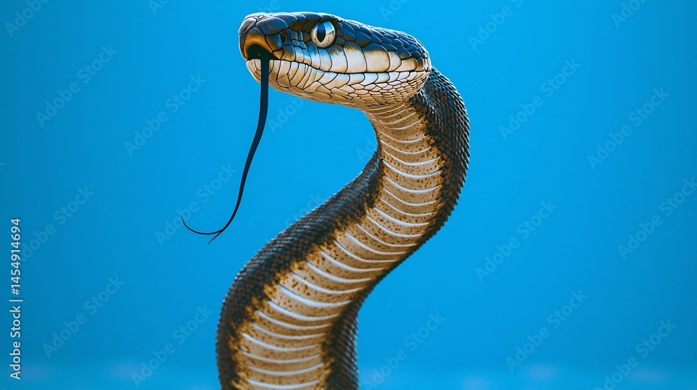 Fototapeta premium A Blue Background Render of a Cobra Rearing Its Head With a Spread Hood Highlighting Its Defensive Stance and Eye Contact With the Viewer In Macro Detail