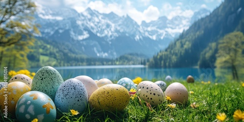 Fototapeta Naklejka Na Ścianę i Meble -  Colorful Easter eggs displayed by a serene mountain lake in springtime sunshine