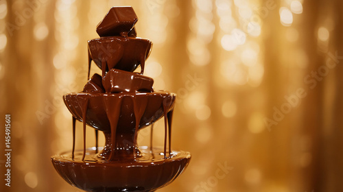 A chocolate fountain pouring layers of liquid cocoa in a factory test area.