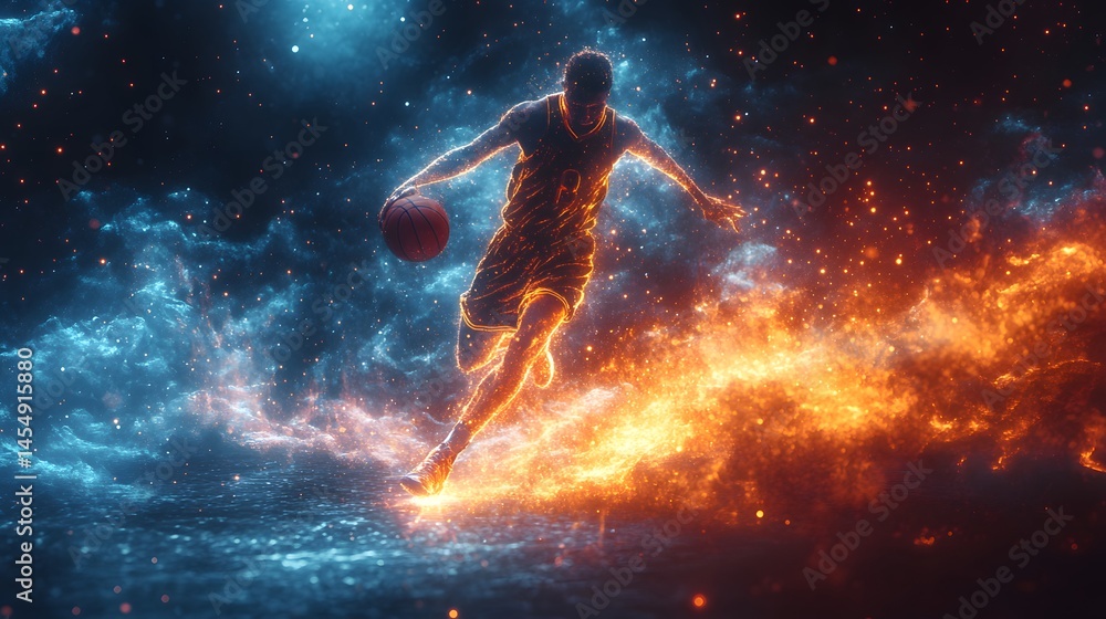 Naklejka premium Vibrant glowing lines form around a basketball player in mid-action