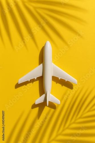 White Airplane Model on Bright Yellow Background With Palm Leaf Shadows