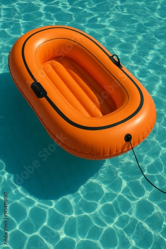 Bright Orange Inflatable Boat Floating in Clear Blue Swimming Pool Water on a...