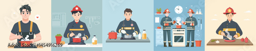 vector set of cooking fire fighters