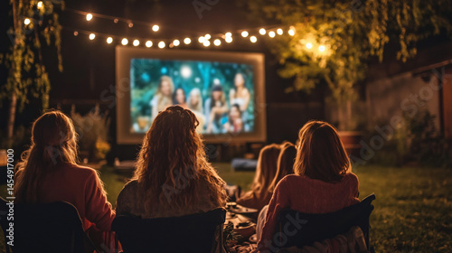 Friends watching an outdoor movie screening under the stars at night.