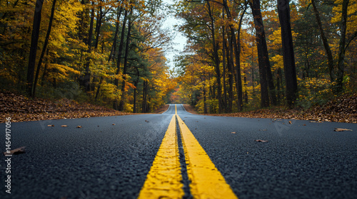 A classic American road with yellow lane markings surrounded by autumn trees.