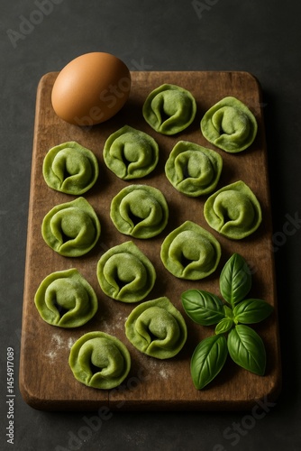 Homemade Green Dumplings Prepared on a Wooden Board With Fresh Ingredients in...