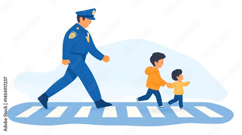 Obraz premium Police Officer Assisting Children to Cross the Street Safely Community Safety Traffic Regulat