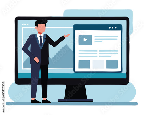 Asian businessman is presenting a webpage containing video and text shown on the computer screen