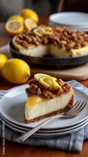 Wallpaper Mural Close up of a slice of lemon crumble cheesecake with whole cake and lemons on a wooden table with plates Torontodigital.ca