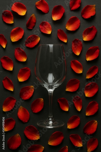 Elegant Glass Surrounded by Red Rose Petals on a Dark Background Suited for R...