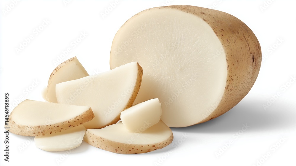 halved raw potato with slices on white surface potato has light brown skin and white flesh halved raw potato with slices on white surface potato has light brown skin and white flesh